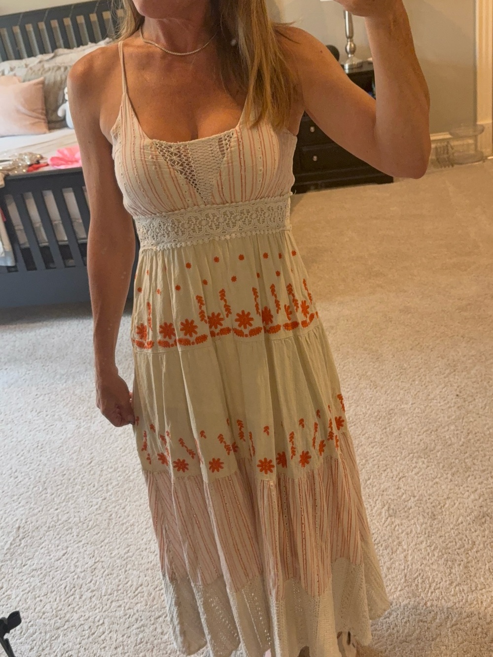 Miss Me Boho Cream Maxi Dress with Orange Floral Embroidery